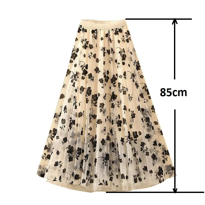 Flocking Floral Pirnted Long Mesh Skirt for Women, High Waist, Max Pleated Tutu, Tulle Skirt, Gauze Skirt, Female, 2025