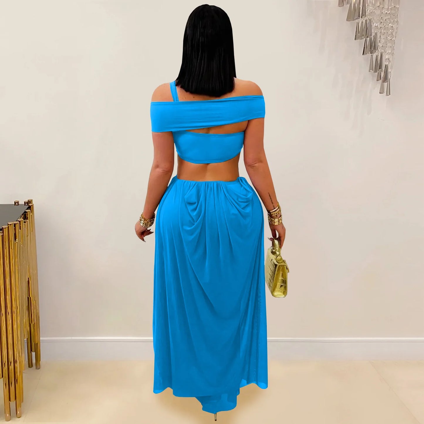 Joskaa 2025 Women's Elegant One Shoulder Strapless Mesh Irregular Maxi Dress Sexy Hollow Backless Skinny Evening Gown Clubwear