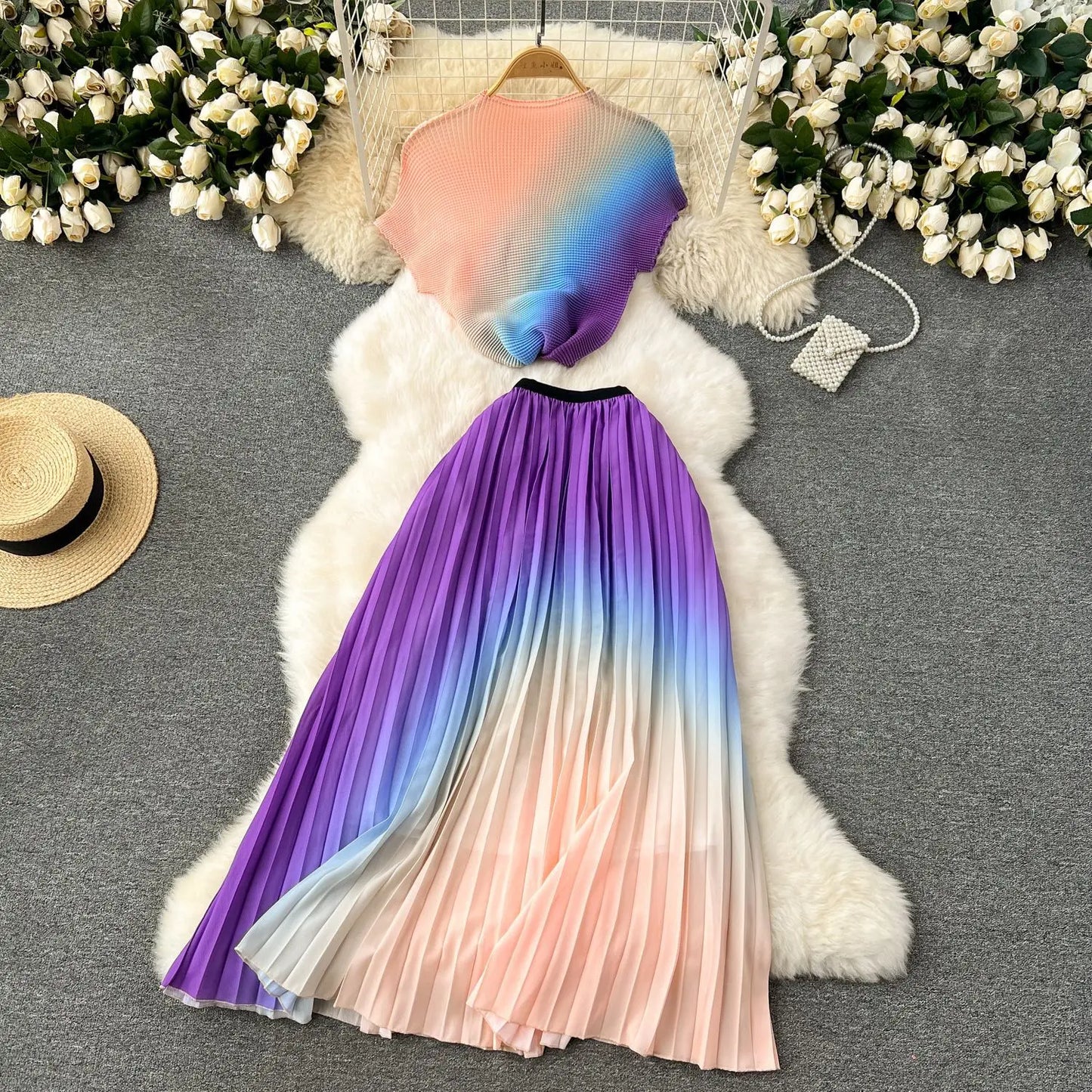 Summer Contrast Color Miyake 2 Pieces Set Women's Short Sleeve High Stretch Pullover Shirt Top+Long Pleated Chiffon Skirt Suit