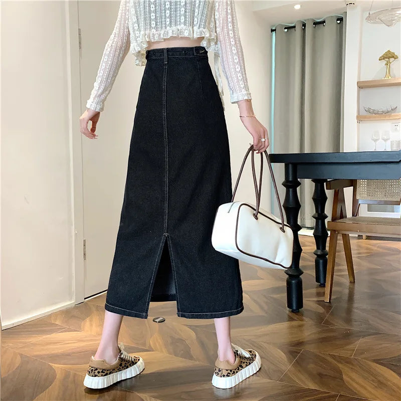 New 2022 Spring-Autumn Medium-Length Denim Skirt For Women High-Waisted Slimming Plus Size Curvy Girls A- Line Hip Covering Skir
