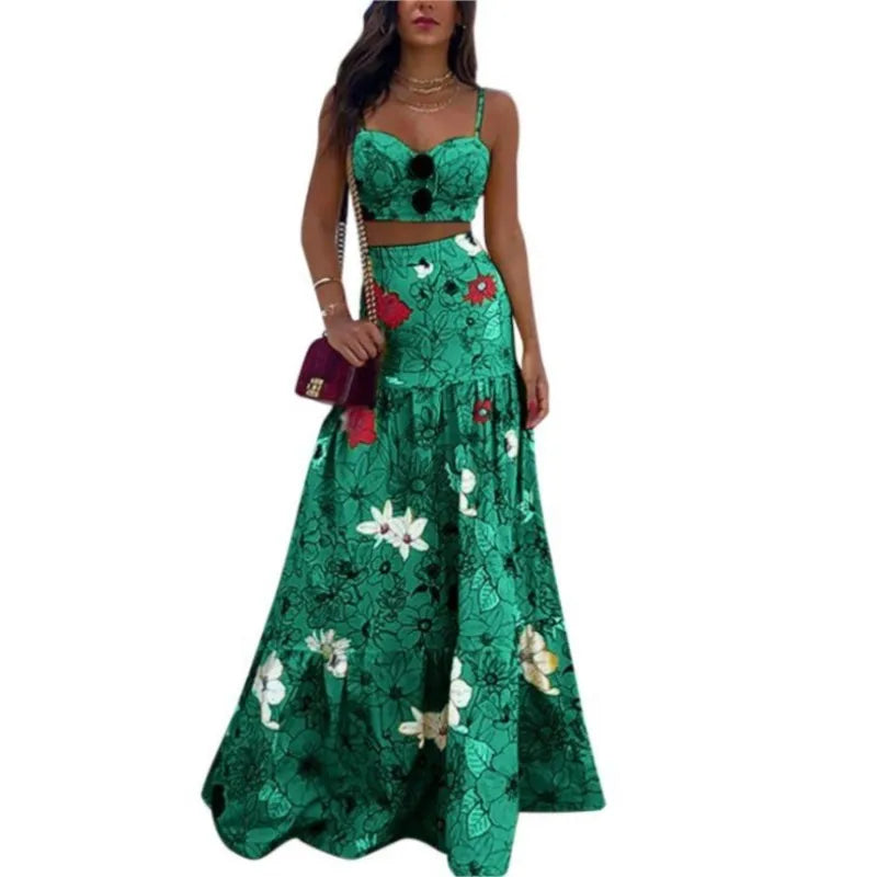 2 Pcs/Set Beach Crop Top Skirt Set Colorful Print Rich Colors Spaghetti Strap Floor Length Sleeveless Lady Tank Top Skirt Suit