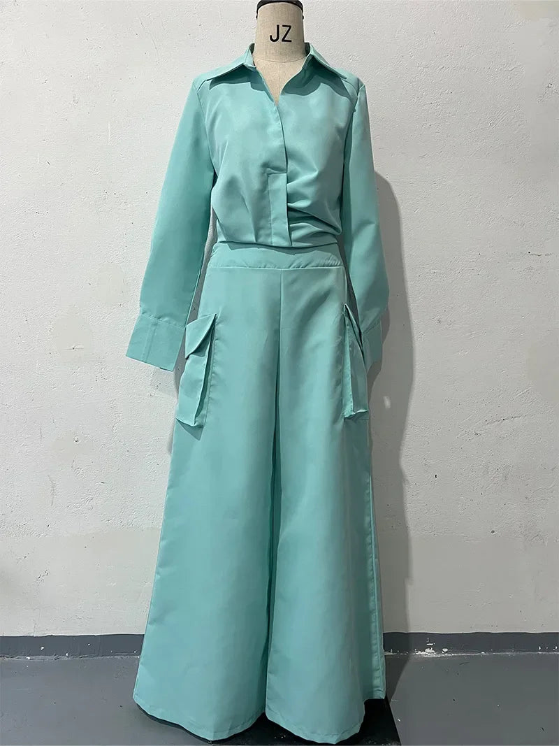 2 Piece Set Women Clothes Elegant Commute Long Sleeve Top & High Waist Wide Leg Pants Fashion Suit for Female 2025 Summer New