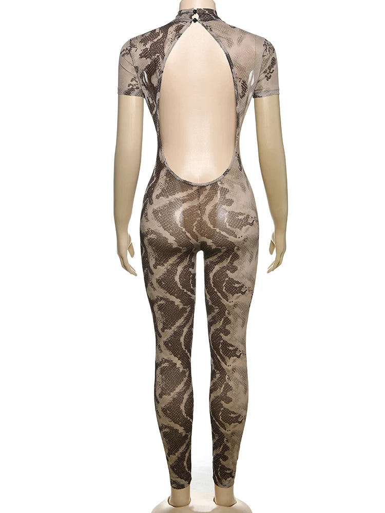 Weird Puss Serpentine Jumpsuit Women See Through Backless Short Sleeve Sexy Fit Summer Workout Overalls Stretch Button Clubwear