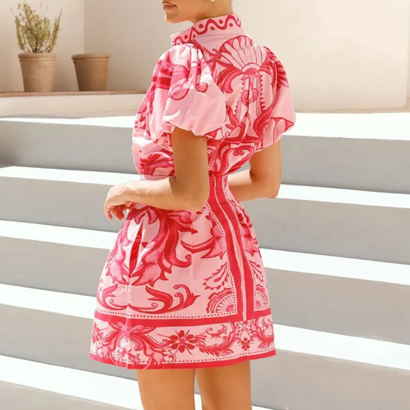 Pattern Printed Casual Women's Suits Summer Lapel Collar Puff Top with Skirt 2 Piece Set Fashion Vacation Pocket Loose Outfits