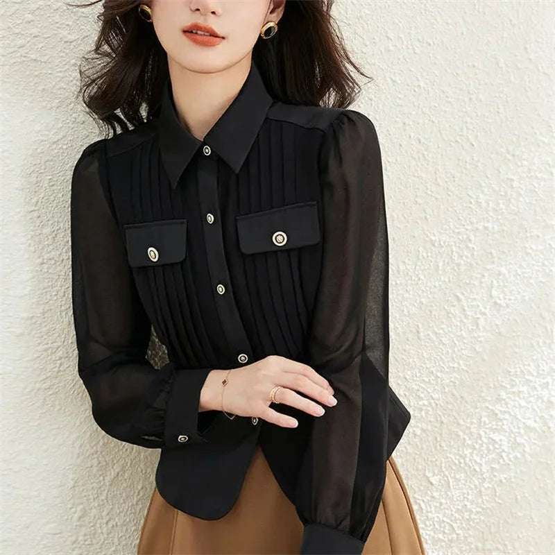 Autumn 2025 New Women Short Long-sleeved Chiffon Blouse Shirt Western-style Blouse Female Slim Pure Colour Bottoming Shirt