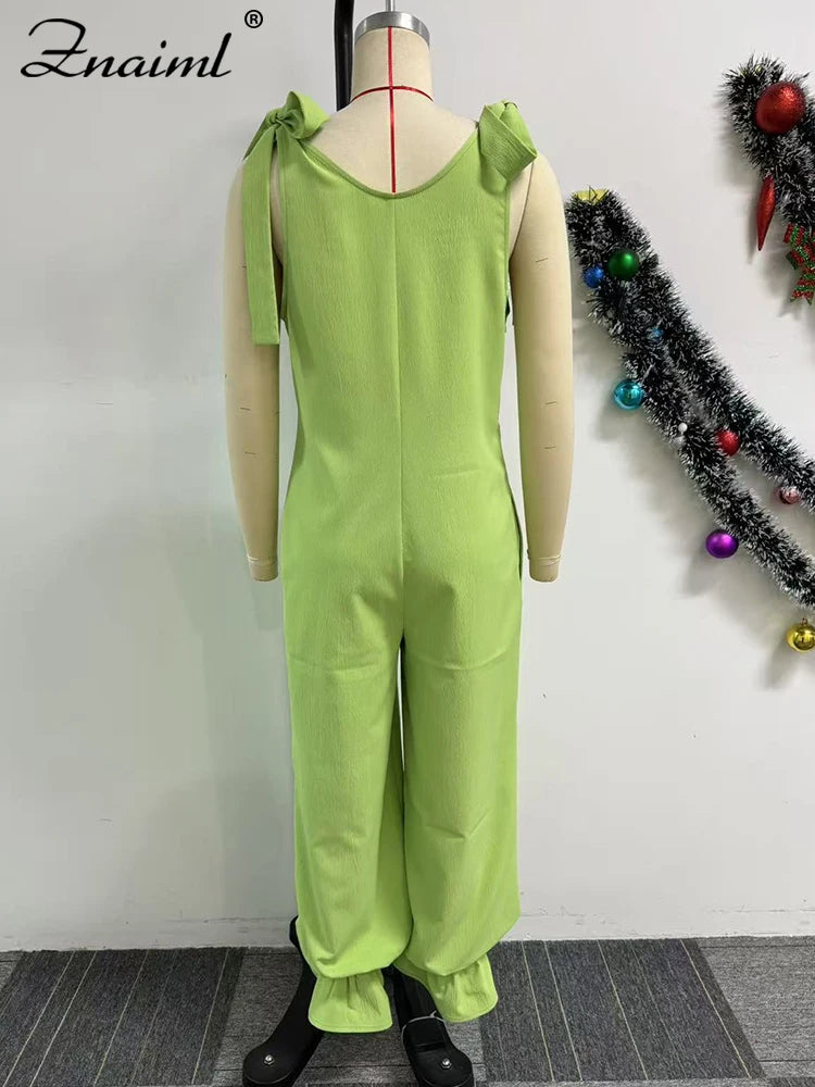Znaiml Casual Lace-up Bandage Jumpsuit Green Loose Wide Leg Jogger Pants Women V-Neck Sleeveless New In One Pieces Rompers 2025