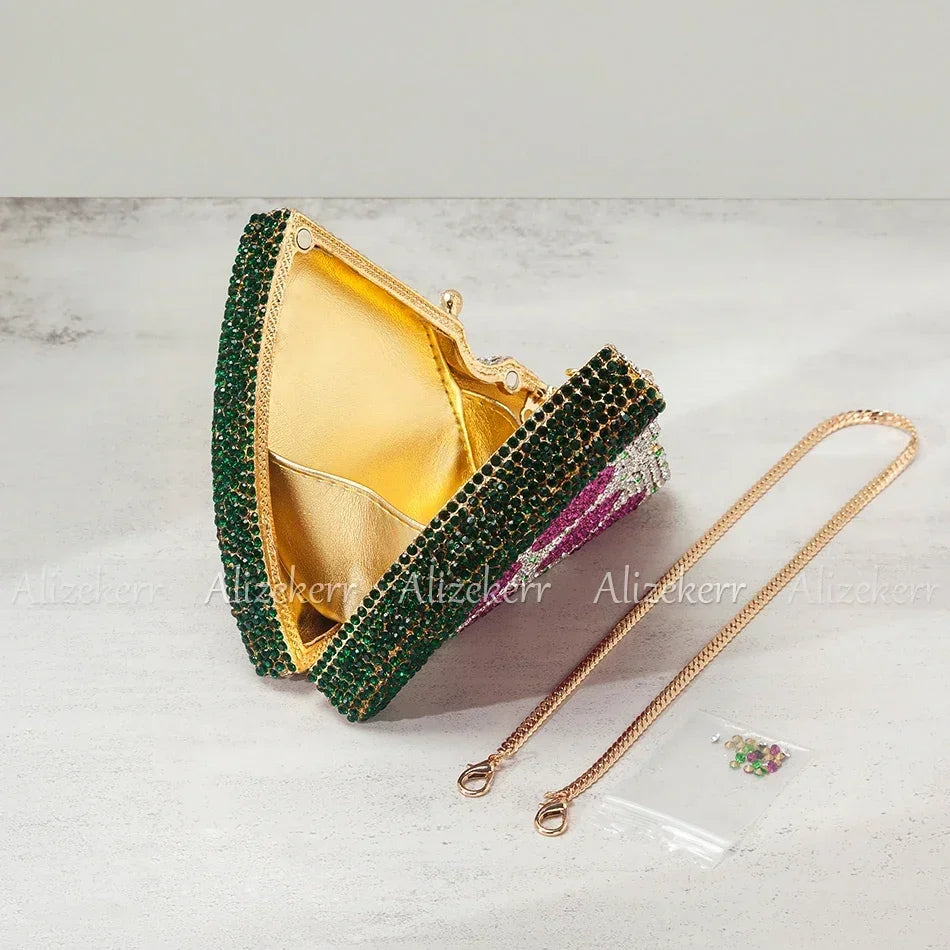 Alizekerr Pizza Shaped Diamond Evening Clutch Bags 2024 New Gorgeous Unique Metallic Watermelon Rhinestone Purses Wedding Party