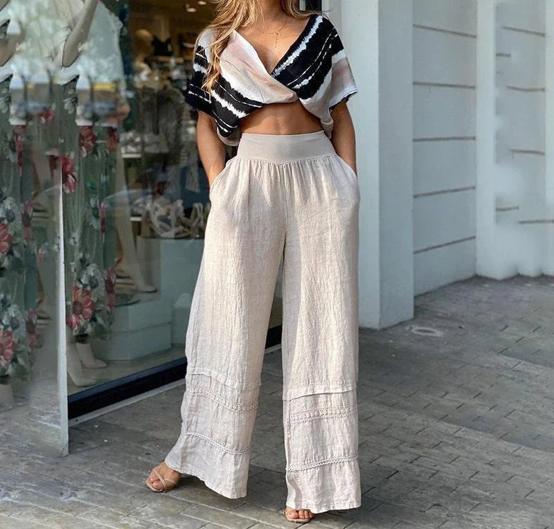 2 Piece Sets Womens Outfits Elegant V-neck Navel Exposed Bat High Waist Sleeve Flared Pants Suits Streetwear 2024 Summer New
