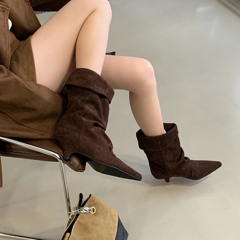 Women's Frosted Low-heeled Boots Fashion Retro Brand Short Boots Pointed Stiletto Boots Pleated Ankle Boot Folded Hem Short Boot