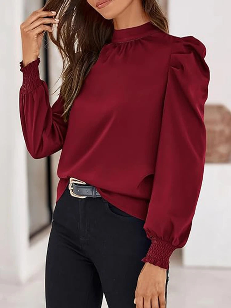 Women's Satin Puff Sleeves Elegant Retro Charm Commuter Style Long-Sleeved Turtleneck Skin-Friendly Fabric Casual Shirt