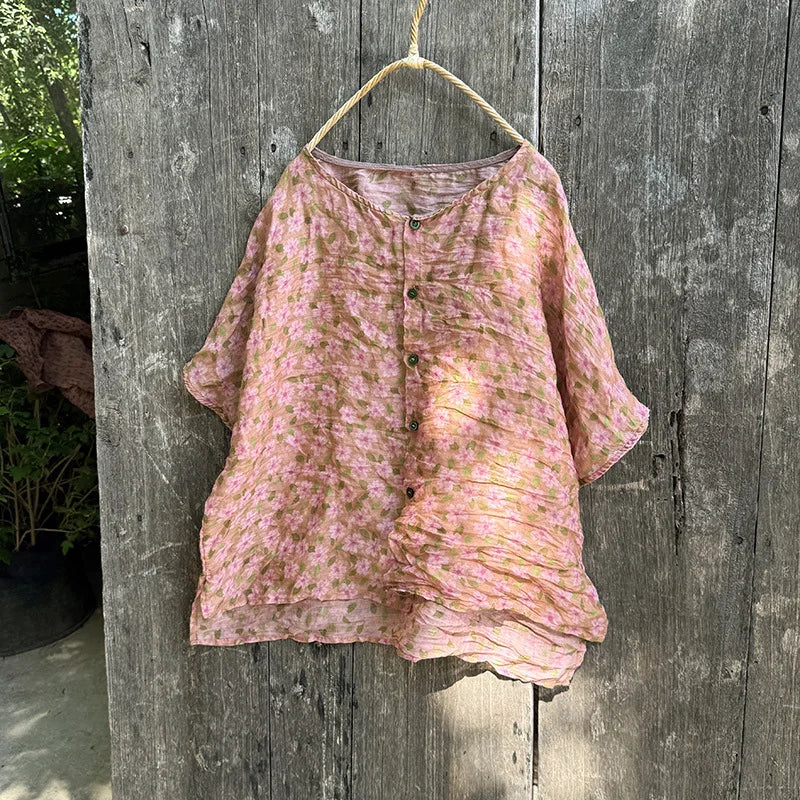 Casual Floral Print Loose Linen Relaxed Fit Shirt for Women