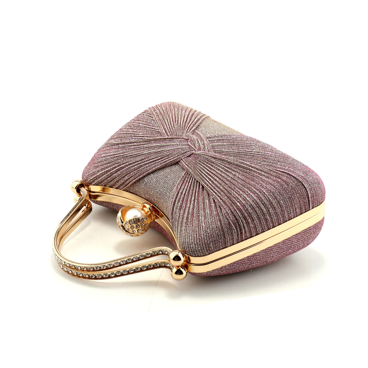 Bow Design Ruched Fashion Women Evening Bags Pink Color Sequined Glitter Metal Pearl Handbags Banquet Lady Wedding Bridal Purse