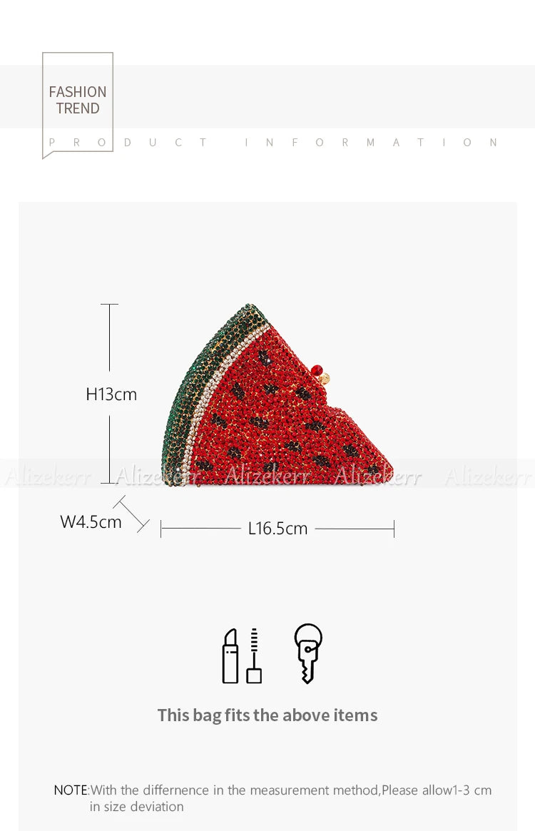 Alizekerr Pizza Shaped Diamond Evening Clutch Bags 2024 New Gorgeous Unique Metallic Watermelon Rhinestone Purses Wedding Party