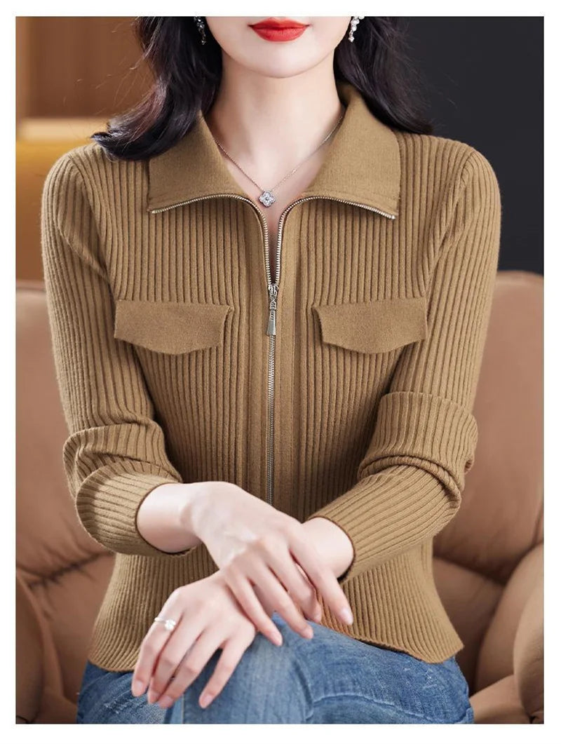 Fashion Zipper Short Knitted Cardigan Sweater 2025 Spring Autumn New Korean Versatile Coat Top Turn-Down Col Sweater Solid Color