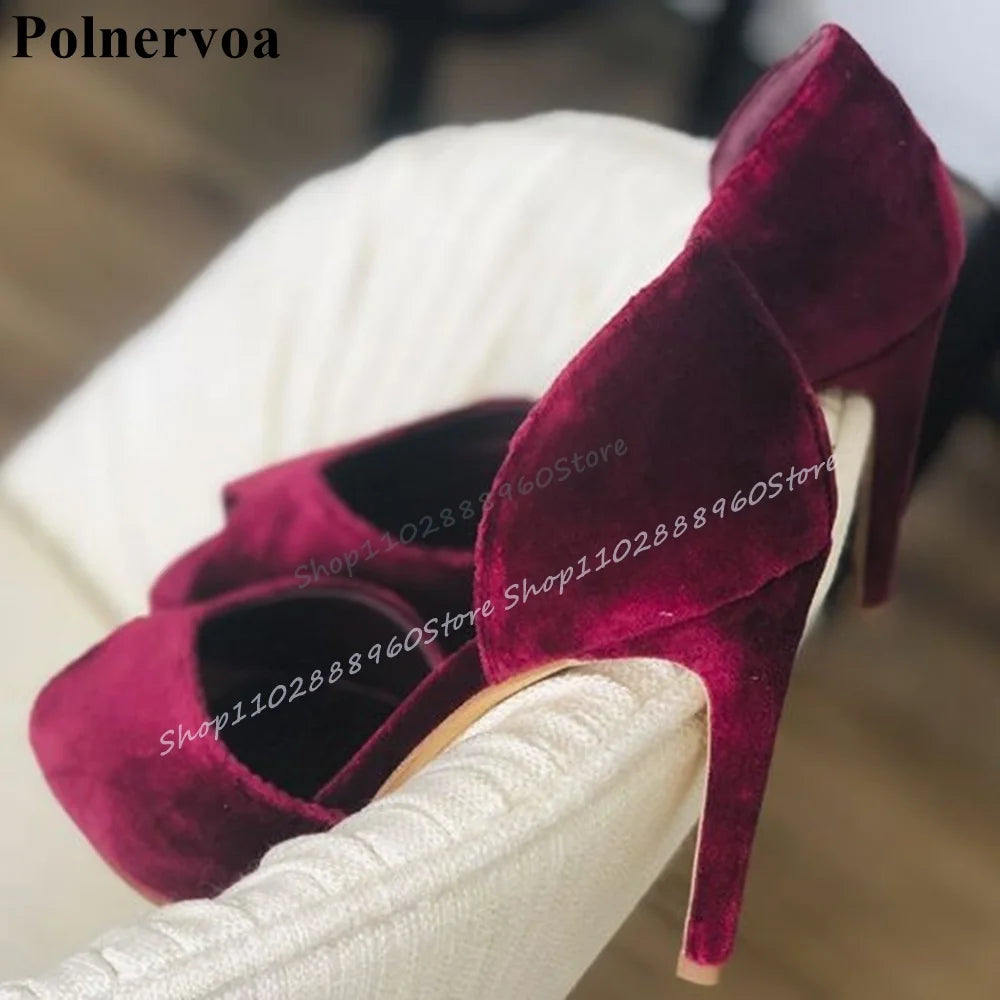 Burgundy Suede Luxurious Sandals Stilettos High Heel Shallow Women Shoes Slip On Peep Toe Banquet Fashion Zapatos Para Mujere