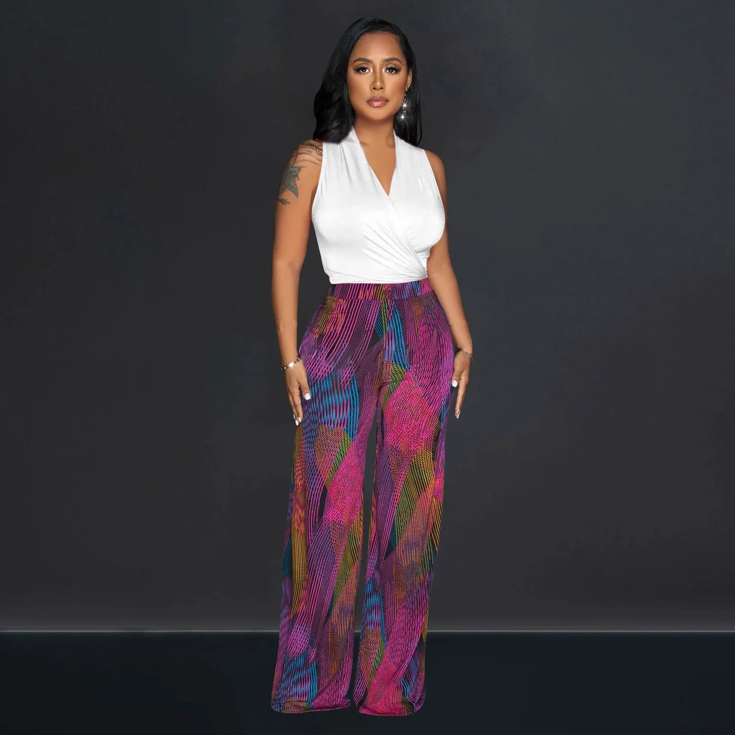 CM.YAYA Women's Set Wrap V-neck Tie Up Tank Top and Galaxy Striped Wide Leg Pants 2023 Street Two 2 Piece Sets Outfits Tracksuit