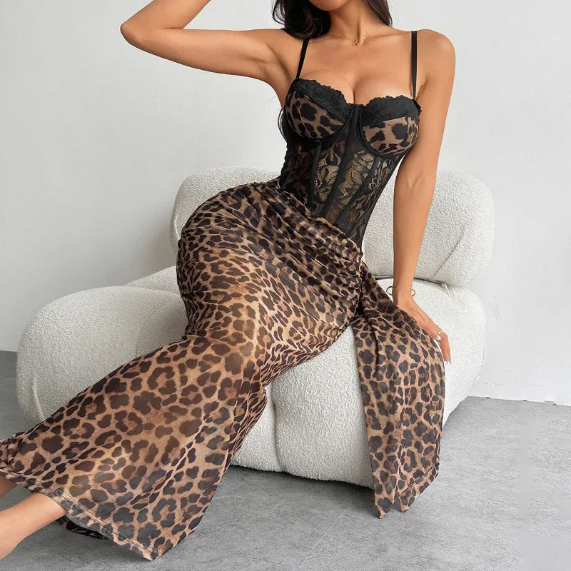 Sexy Women's Dress 2025 Summer Fashion Spicy Girl Party Leopard Print Lace Strapless Slim Fit Suspender Long Dress for Female