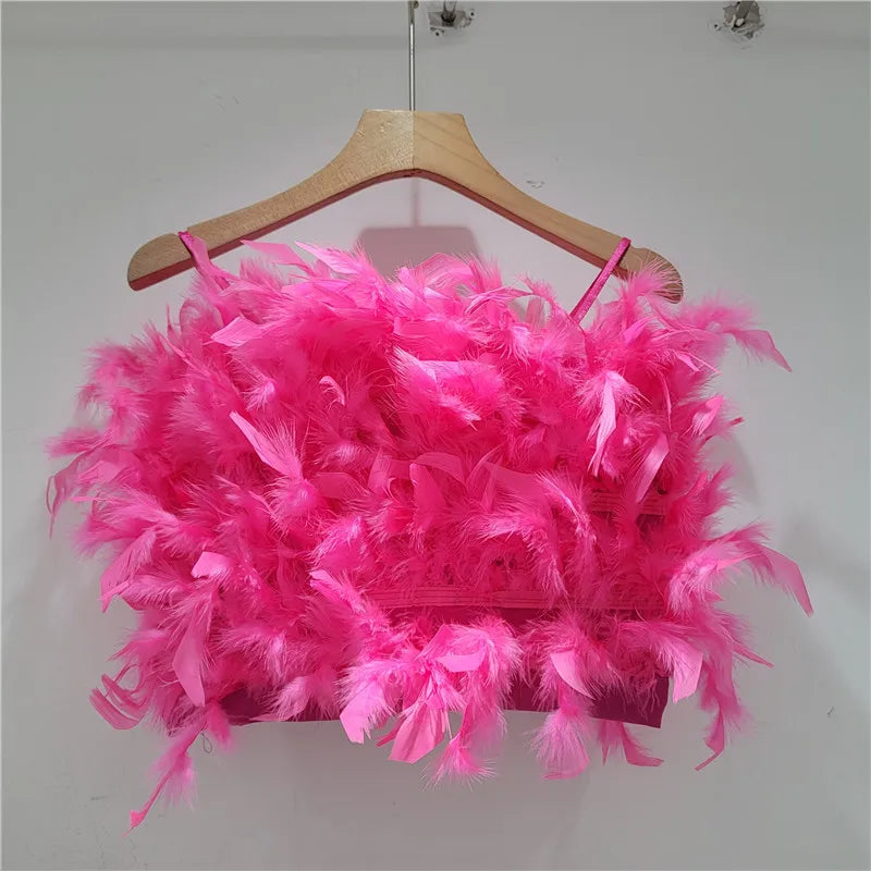 YEAE fluffy ostrich feather halter top design sense short small halter vest women's outer wear inner top tide