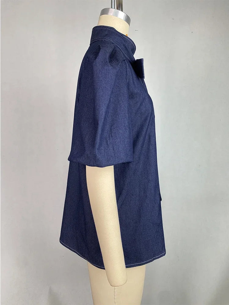 Beautyblue Women Fashion High Neck Imitation Denim Shirts Puff Sleeves Blouses Summer New Casual Solid Color Bow Tie Tops Female