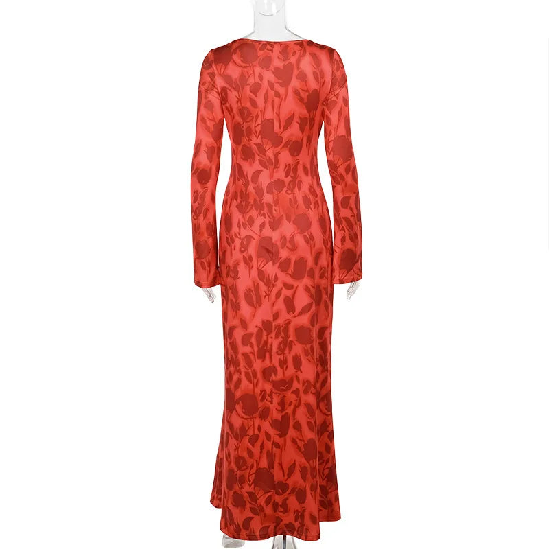 Temperament printed crewneck basic dress female fall style fashion elegant slim dress