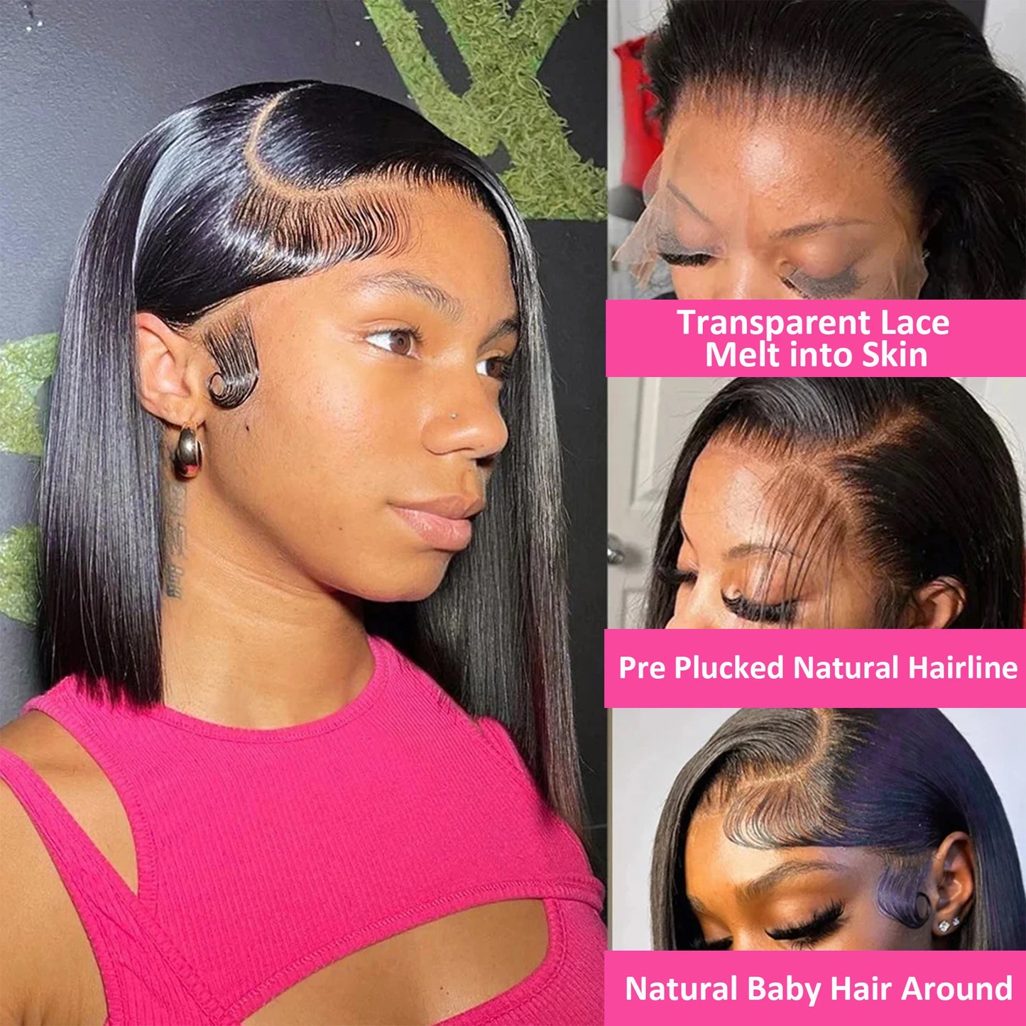 Straight Bob Wig Human Hair 200 Density Transparent 13x4 Lace Frontal Human Hair Wigs For Women Natural Color 100% Peruvian Hair