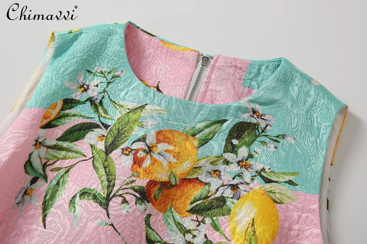 Vintage Jacquard Printed Lemon Vest A-line Dress Summer New Fashion Round Neck Sleeveless Slim Temperament Short Women's Dress