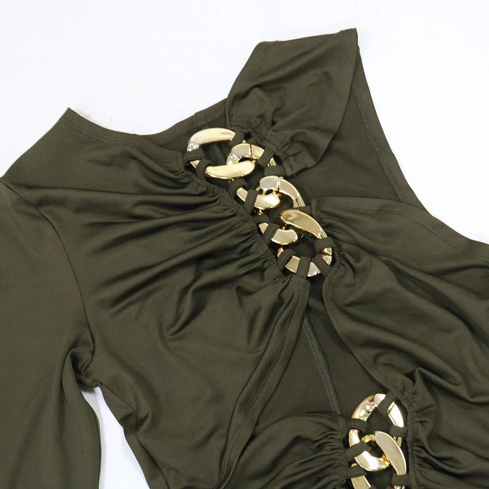 Joskaa Elegant Metal Decoration Hollow Birthday Dress Woman Sexy Irregular Full Sleeve High Split Maxi Dresses 2025 Clubwear