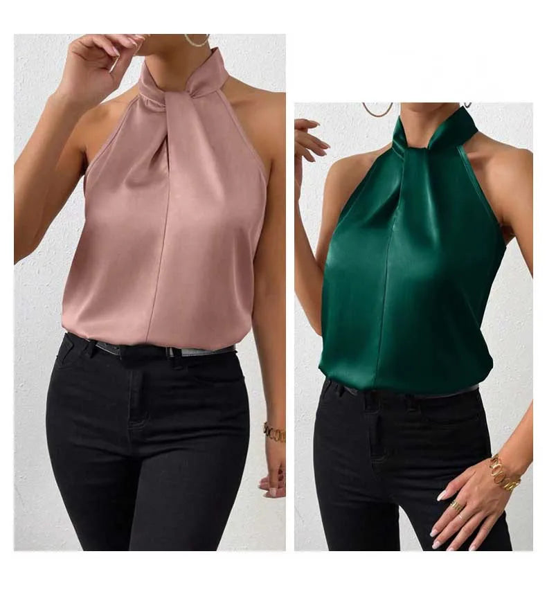 Women's Tops 2025 Summer New European and American Clothes Satin Halter Sleeveless Vest Sexy Commuting Satin Simulated Silk Top