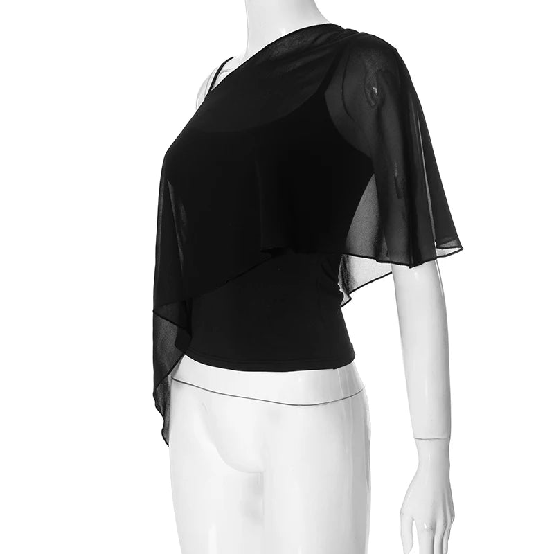 Weird Puss Summer Trend 2 Piece Crop Tops Women Sexy Short Sleeve Camisole+Mesh One-Shoulder Tops Clubwear 2025 Summer Club Tees
