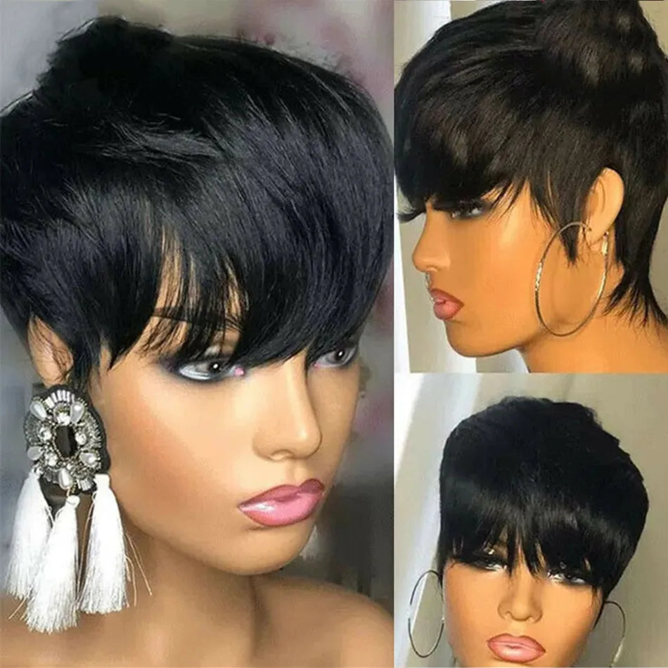 613 Honey Blonde Straight Short Pixie Bob Cut Wig With Bangs Indian Human Hair Full Machine Wig For Black Women