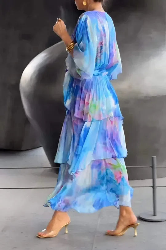 Women's Clothing Floral Flower Printing Multi Layered Dress V Neck Long Sleeve Fashion Casual Summer Dress