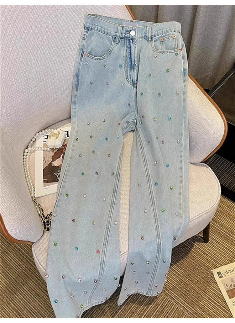 Women Diamonds Denim Pant Korean Fashion High Street Straight Ankle-Length Jeans Spring Autumn All-Match Office Lady Long Pants