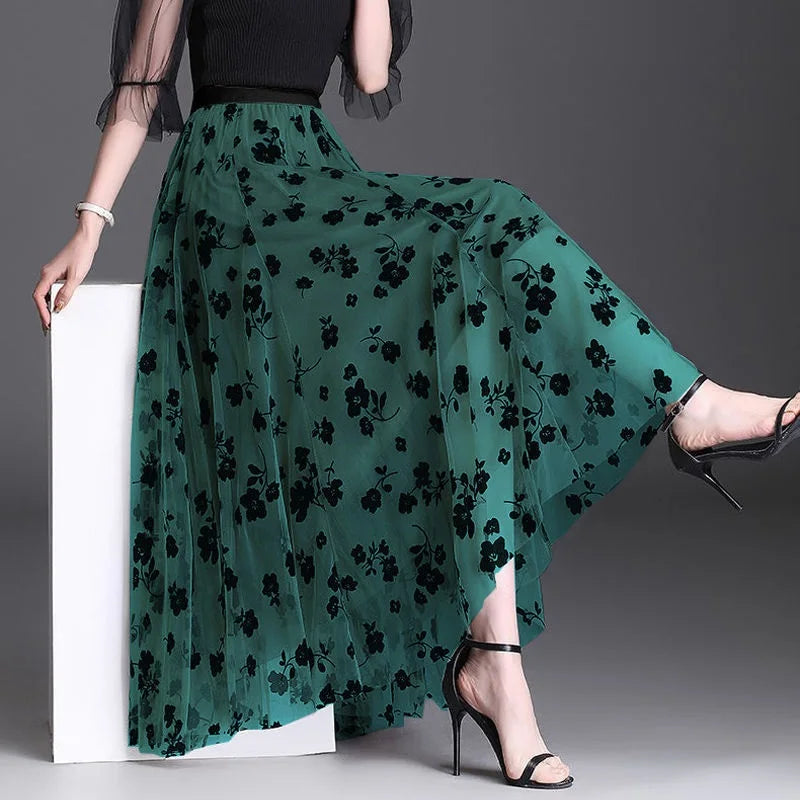 Flocking Floral Pirnted Long Mesh Skirt for Women, High Waist, Max Pleated Tutu, Tulle Skirt, Gauze Skirt, Female, 2025