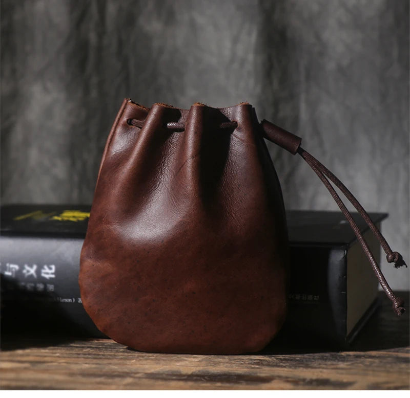 LUOKIR Men's Genuine Leather Coin Purse Simple Vintage Small Card Bag Women's Cowhide Wallet Keys Money Drawstring Storage Bags