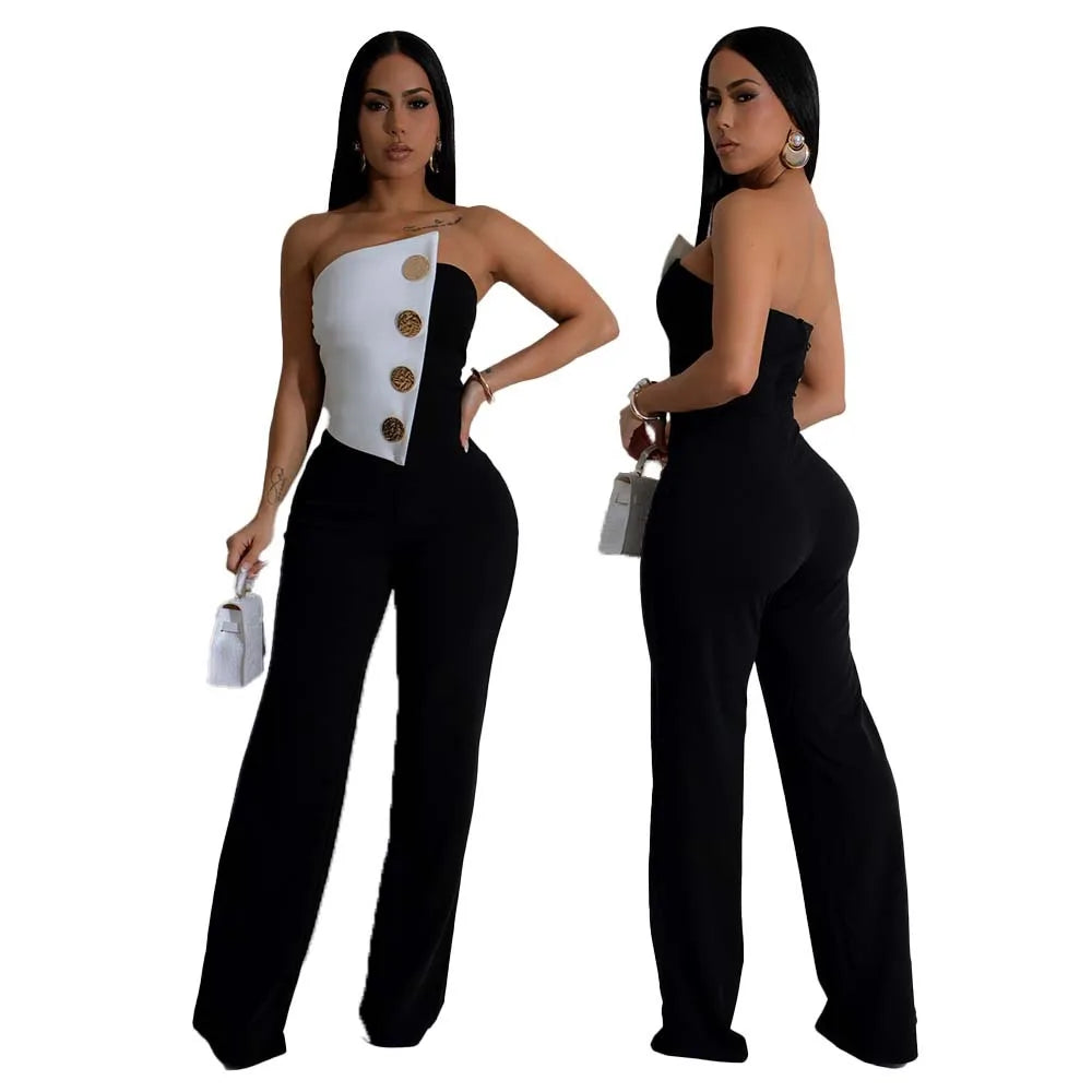 CM.YAYA Elegant Button Strapless Sleeveless Irregular Girl Jumpsuits 2025 Spring Women's Overalls Outfits Night Club One Piece