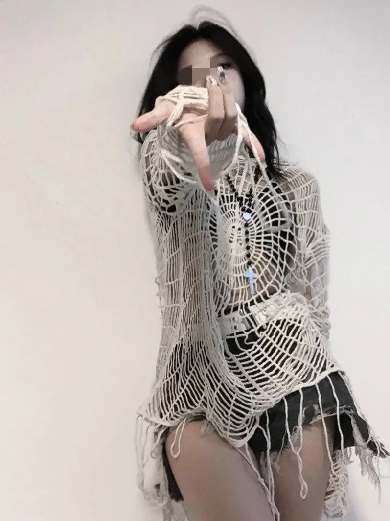 Karrram Japanese Y2k Hollow Out Knitted Top Trashy 2000s Style Spider Web Pullover Vintage Harajuku Hole Hooded Knitwear Grunge