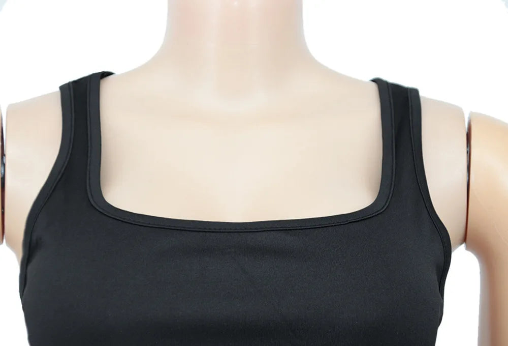 CM.YAYA Women Set Solid Sleeveless Strap Square Collar Crop Tops Stretchy Long Skirts Two Piece Set Sexy Fashion Outfits Summer