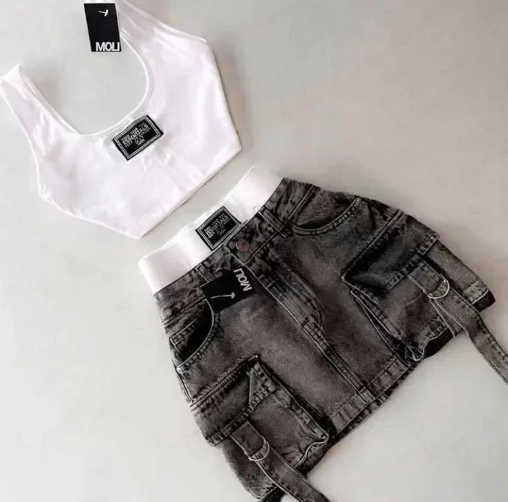 Sexy Vest T-shirt Two-piece Set Y2K Korean Sweet Slim Fit Vest Harajuku Low Waist Patchwork Spicy Girl Denim Skirt