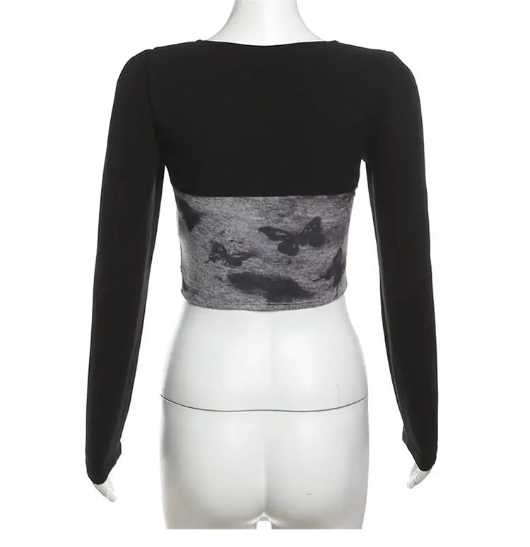 Hong Kong Style Retro Tie-dyed Unique Splicing Design and Sense Dovetail Slim T-shirt for Women Sweet Sexy Versatile Base Shirt