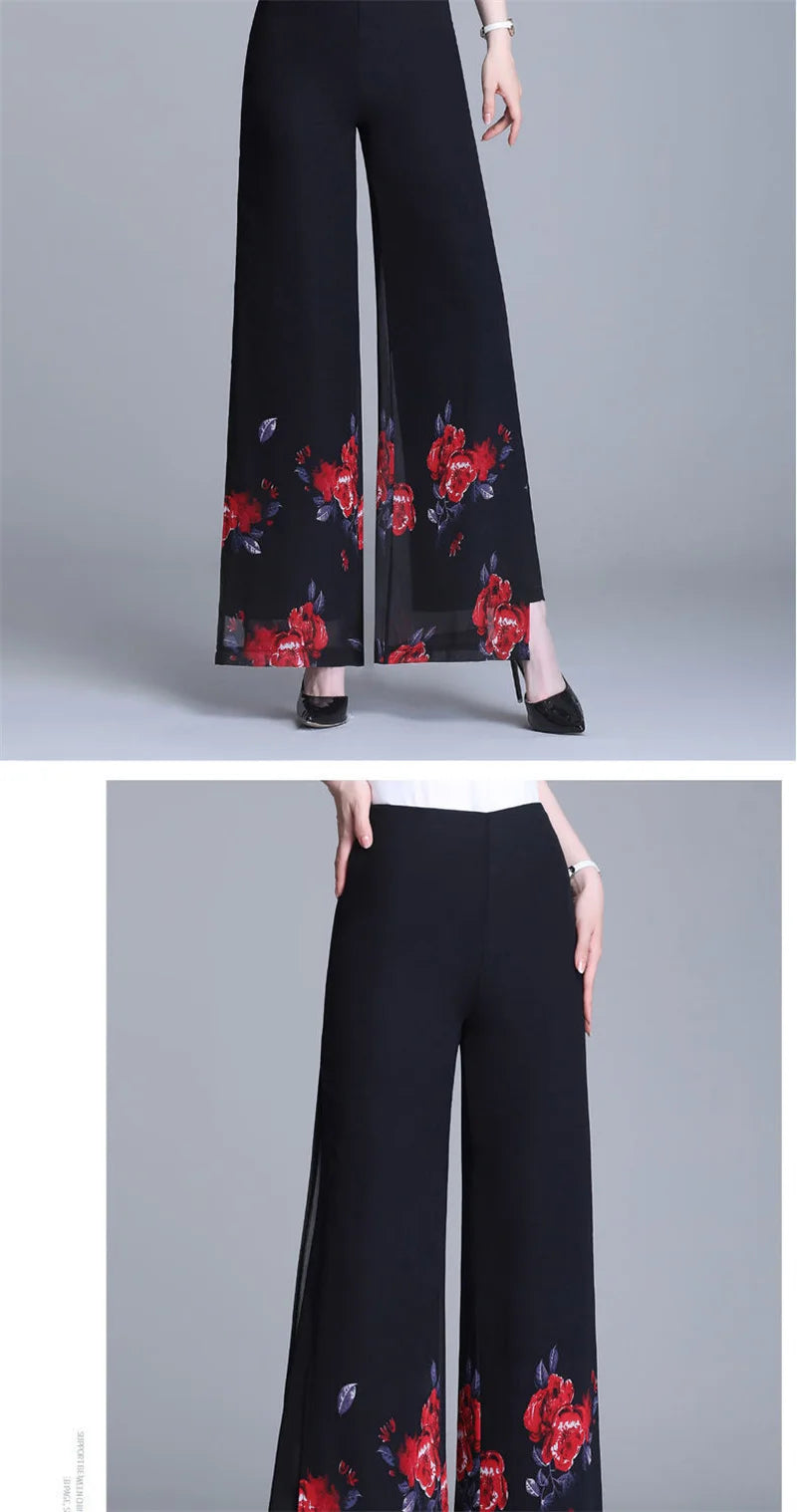 Double Layer Printed Chiffon Wide Leg Pants For Women's Summer New High Waisted Loose Dance Swing Pants Drooping Skirt Pants LA
