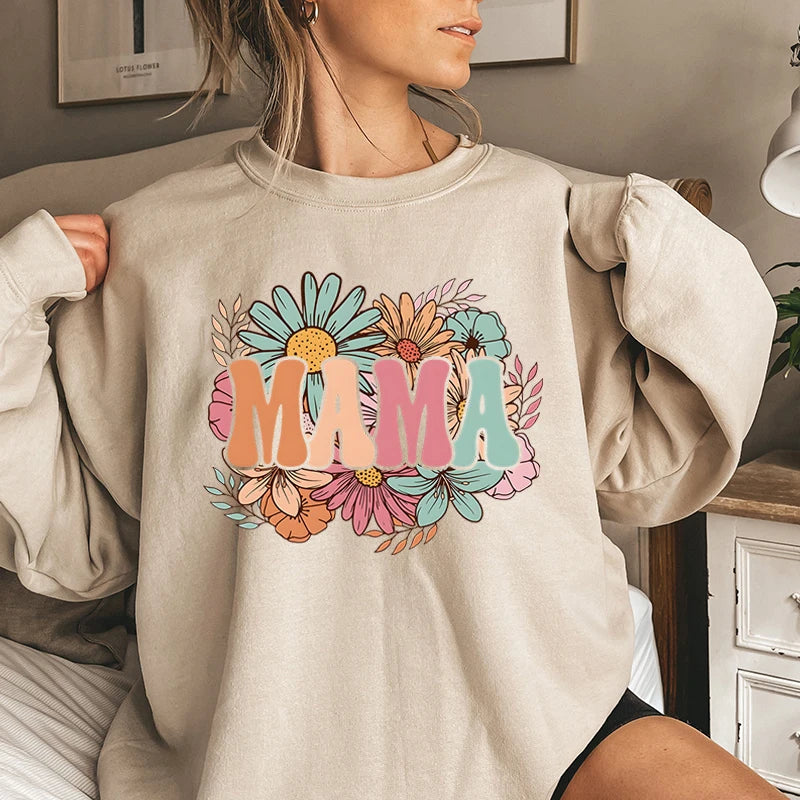 Mothers Day Gift for New Mom Autumn Sweatshirt Wildflowers Leopard Mama Retro Crewneck Sweater Cute Bow Mama Cartoon Sweatshirts
