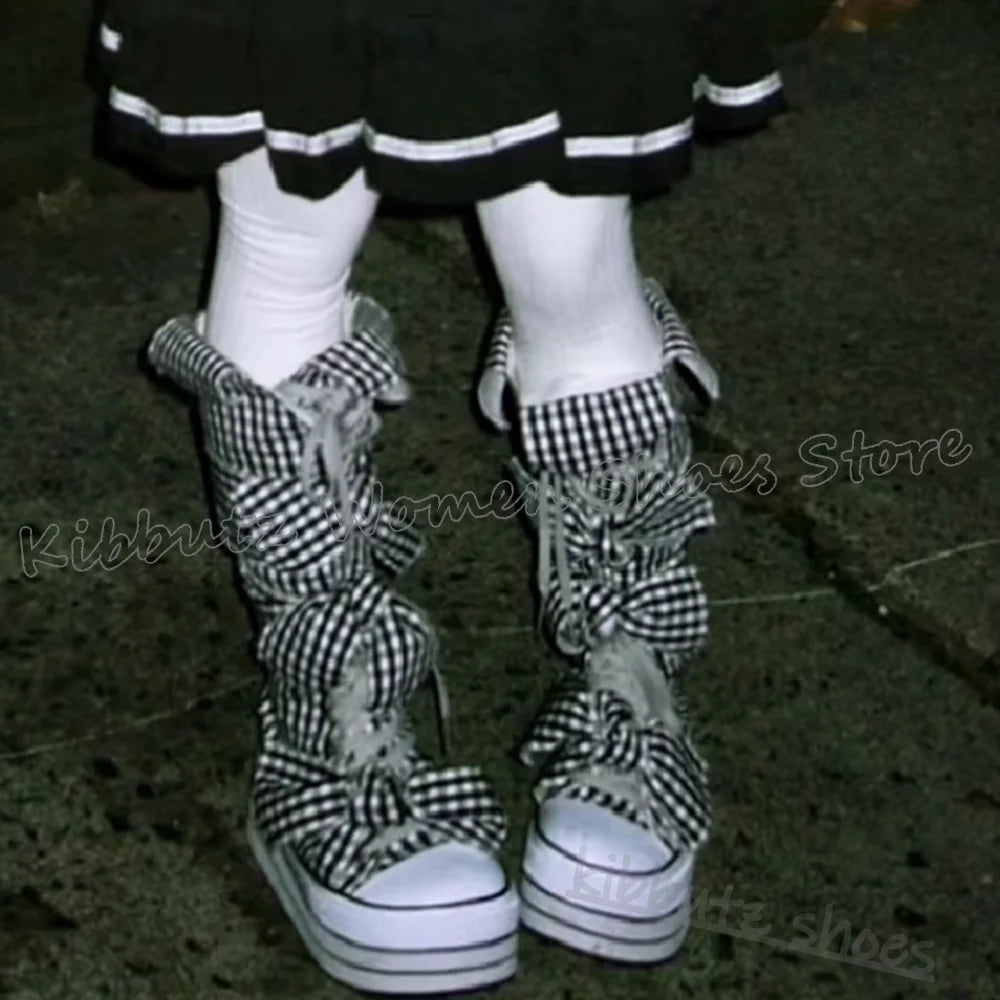Checkered Canvas Boots Knee High Platform Lace-Up Mixed Color Fashion Elegant Luxury Novelty Women Shoes Round Toe Thick Bottom