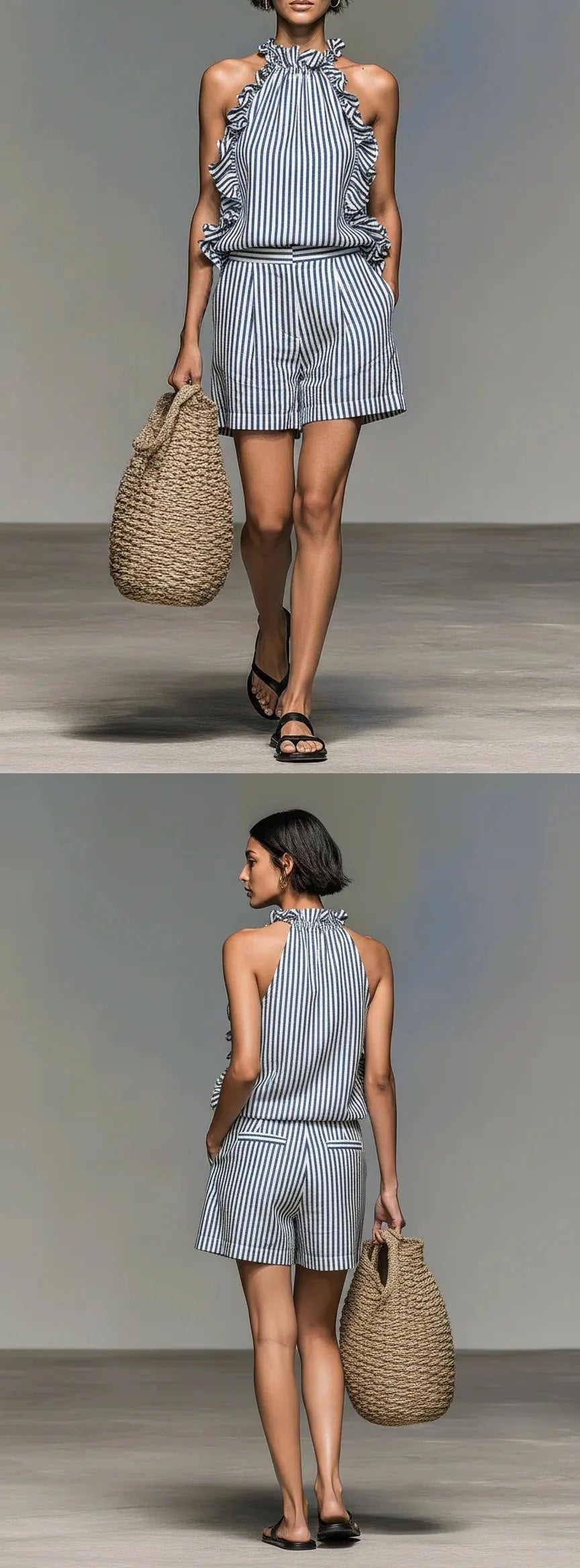 Striped Sleeveless Lace Top and Shorts Set for Women