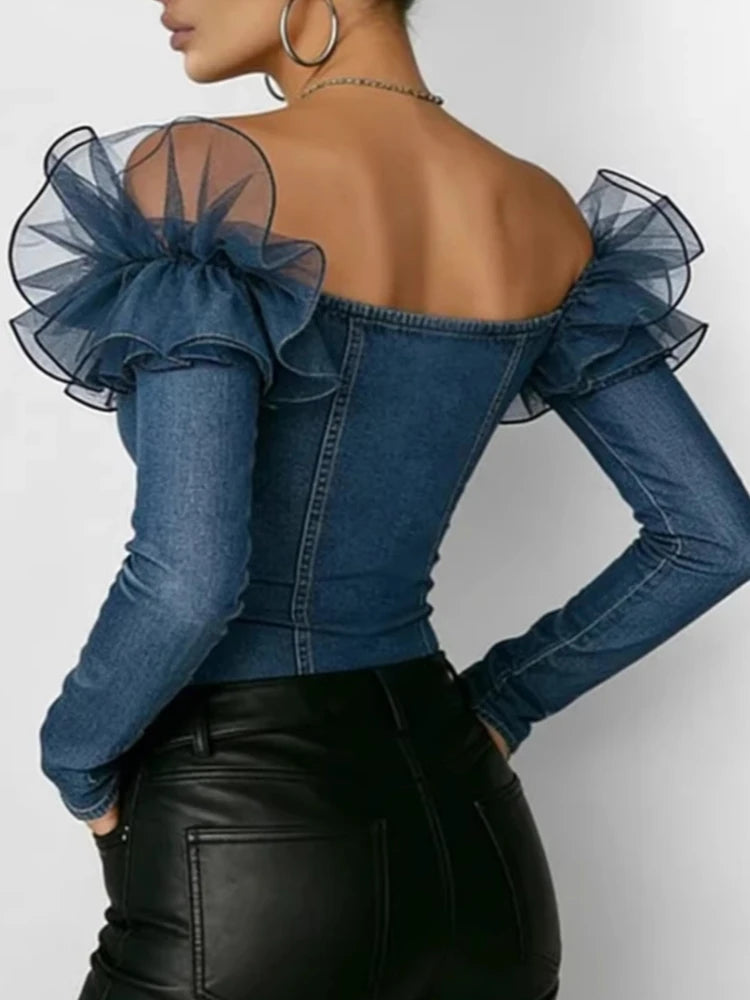 Retro Denim Off Shoulder Top With Mesh Ruffles Long Sleeve Slim Fit For Women