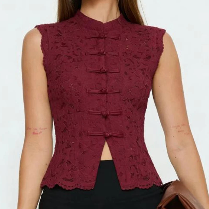 Floral Lace Front Hollow Out Split Mandarin Collar Tank Top for Women