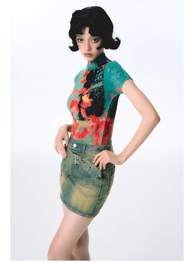 Women Bodycon T-Shirts Short Sleeve Tie Dye Tees Stretch Crop Tops Goblin Core 2000s Coquette Gyaru Aesthetic Kpop Kawaii Summe