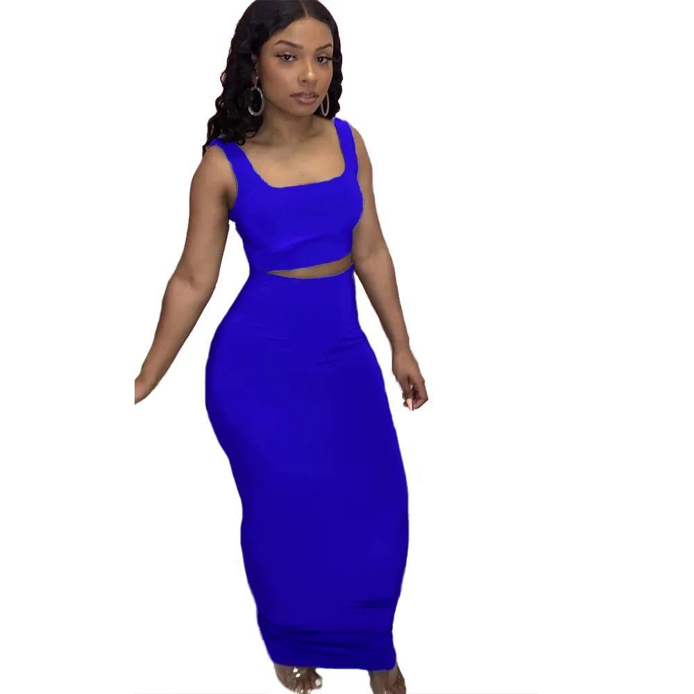 CM.YAYA Women Set Solid Sleeveless Strap Square Collar Crop Tops Stretchy Long Skirts Two Piece Set Sexy Fashion Outfits Summer