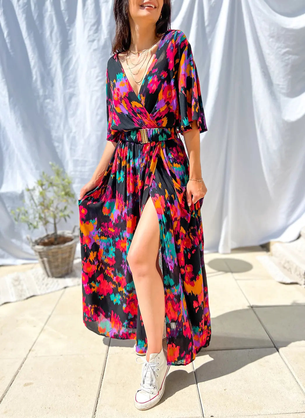 2023 Summer Elegant V-Neck Belt-Printed Long Dress From Amazon's Independent Store Wish Asia Exquisite Craftsmanship Slim Fit