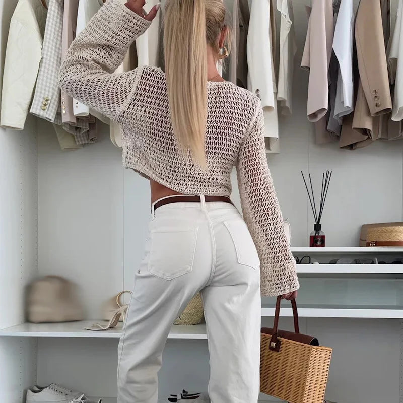 New Summer Beach Holiday Sunscreen Cover Up Blouses Sexy Long Sleeved Solid Pullover Casual O Neck Hollow Out Knitted Slim Tops