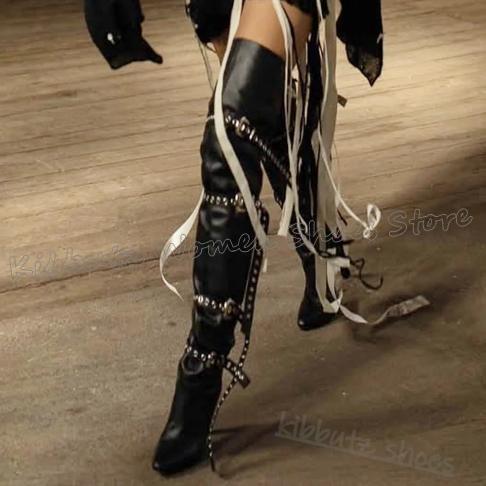 Above The Knee Boots Belt Buckle Pointed Toe Chunky Heels Solid Color Leather Fashion Luxury Elegant Concise Spicy Girls Shoes